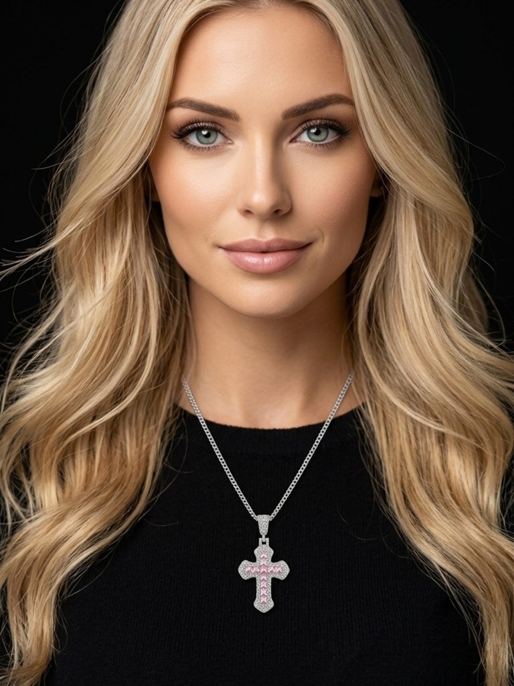 Sterling Silver Cross Pendant Necklace with Pink Crystal Stones